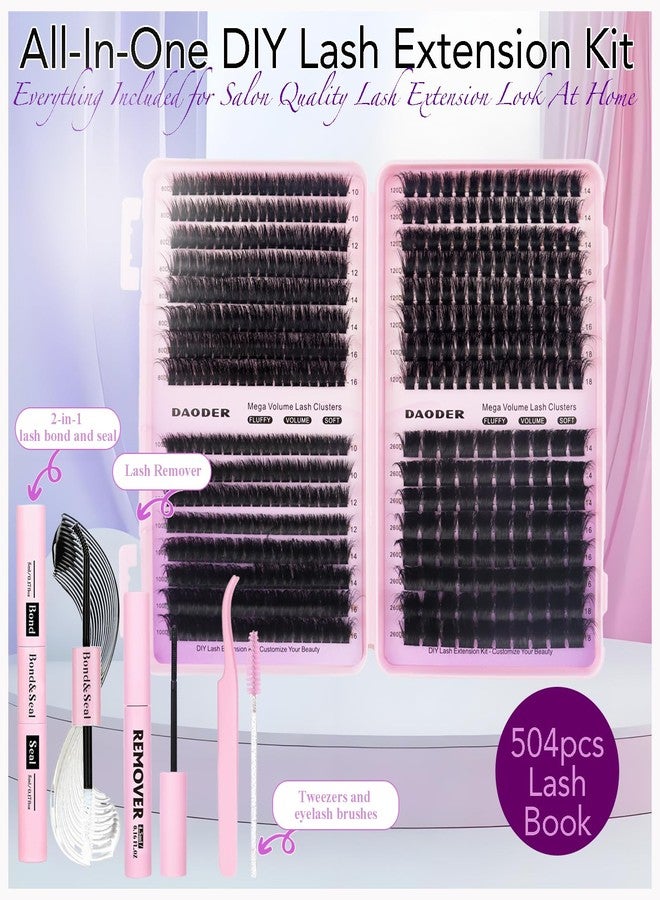 DAODER Lash Clusters Kit Mega Volume Fluff Eyelash Clusters 80D+100D+120D+260D D Curl Soft Individual Lashes 10-18MM Lash Extension Kit with Lash Bond Seal Remover for Bold Glam Vibes 504pcs - Image 2