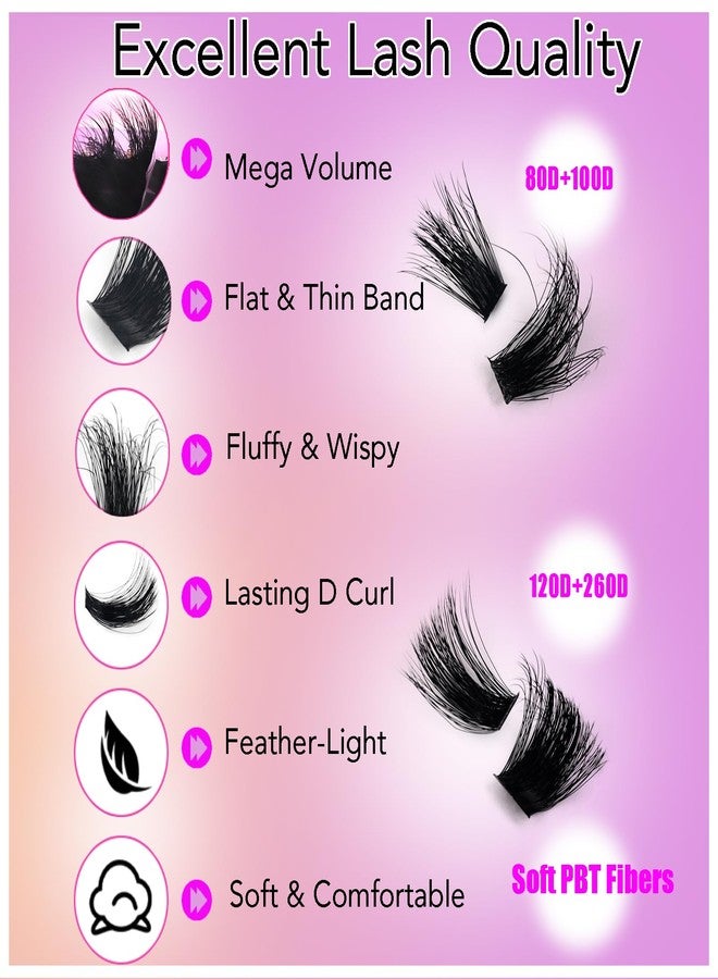 DAODER Lash Clusters Kit Mega Volume Fluff Eyelash Clusters 80D+100D+120D+260D D Curl Soft Individual Lashes 10-18MM Lash Extension Kit with Lash Bond Seal Remover for Bold Glam Vibes 504pcs - Image 4