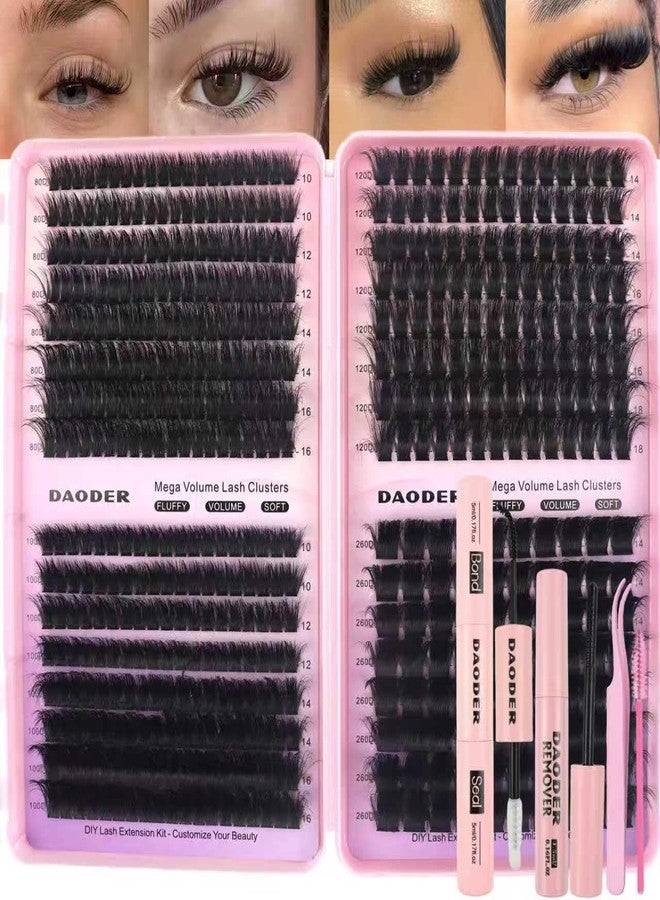 DAODER Lash Clusters Kit Mega Volume Fluff Eyelash Clusters 80D+100D+120D+260D D Curl Soft Individual Lashes 10-18MM Lash Extension Kit with Lash Bond Seal Remover for Bold Glam Vibes 504pcs - Image 1