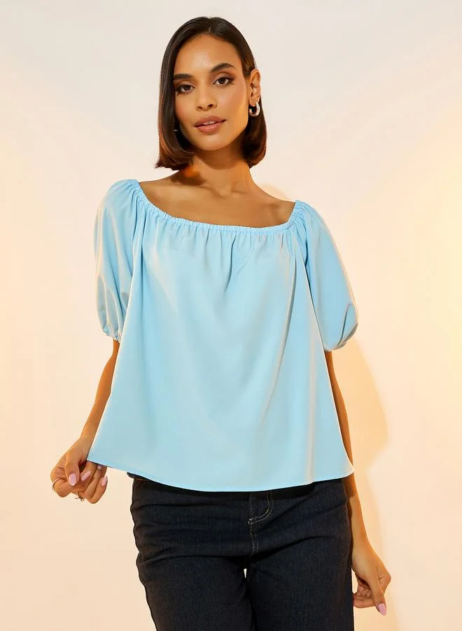 Take Two Elasticized Wide Neck Puff Sleeves Top