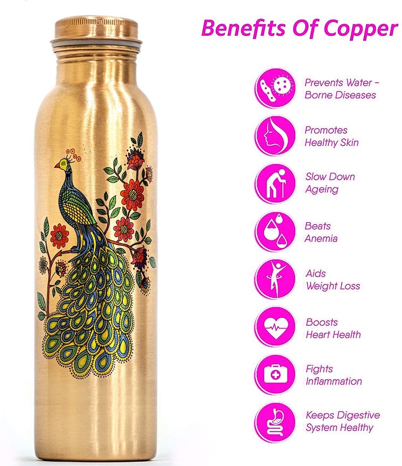 KC Pure Copper Peacock Designer Water Bottle with Advanced Leak Proof Protection, Ayurveda and Yoga Health Benefits. (1000ml, 1Unit, Pack of 1) - Image 5