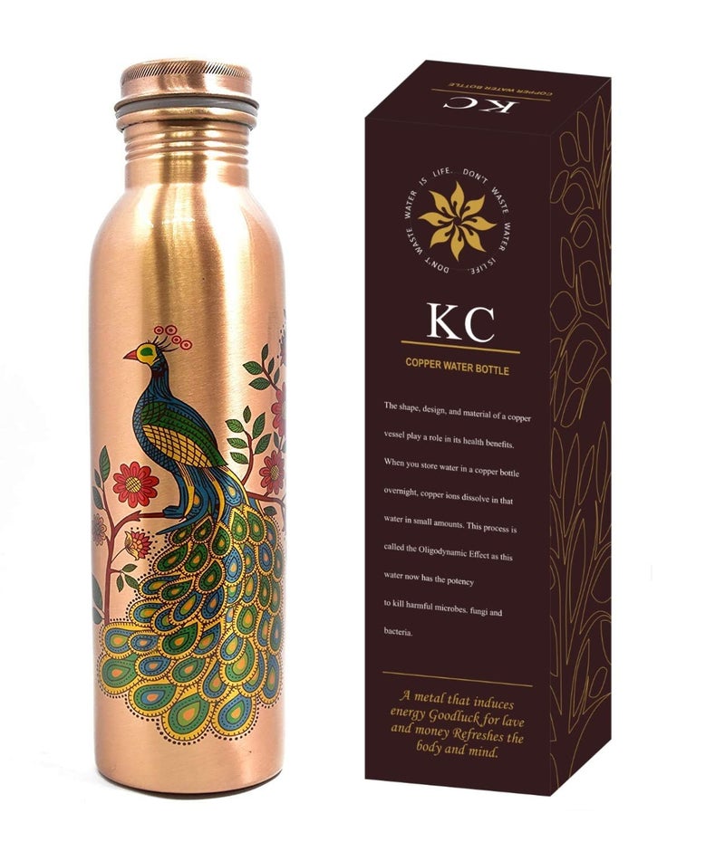 KC Pure Copper Peacock Designer Water Bottle with Advanced Leak Proof Protection, Ayurveda and Yoga Health Benefits. (1000ml, 1Unit, Pack of 1) - Image 1