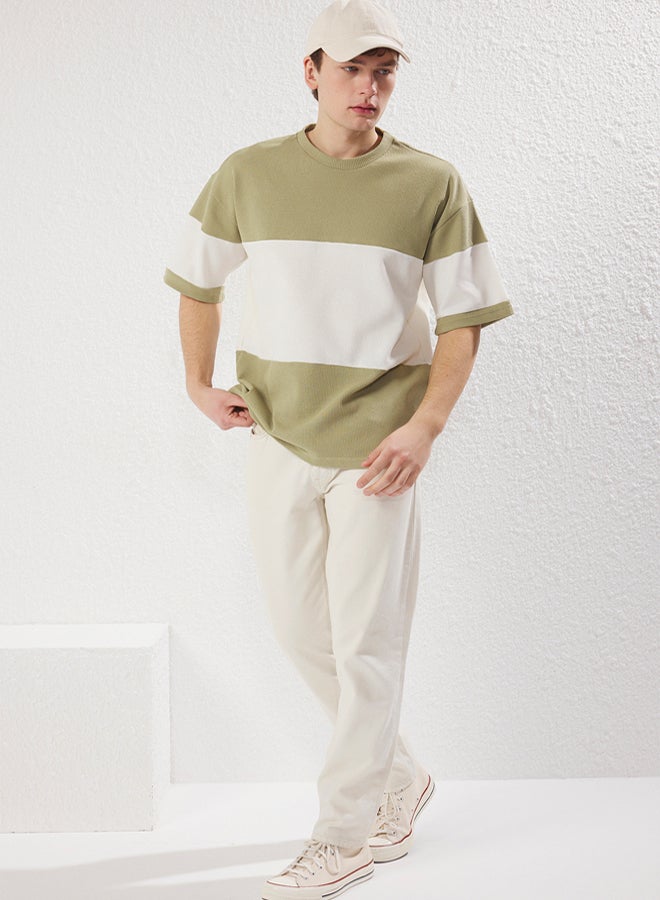 trendyol Men Green and White Stripe T-shirt - Image 1