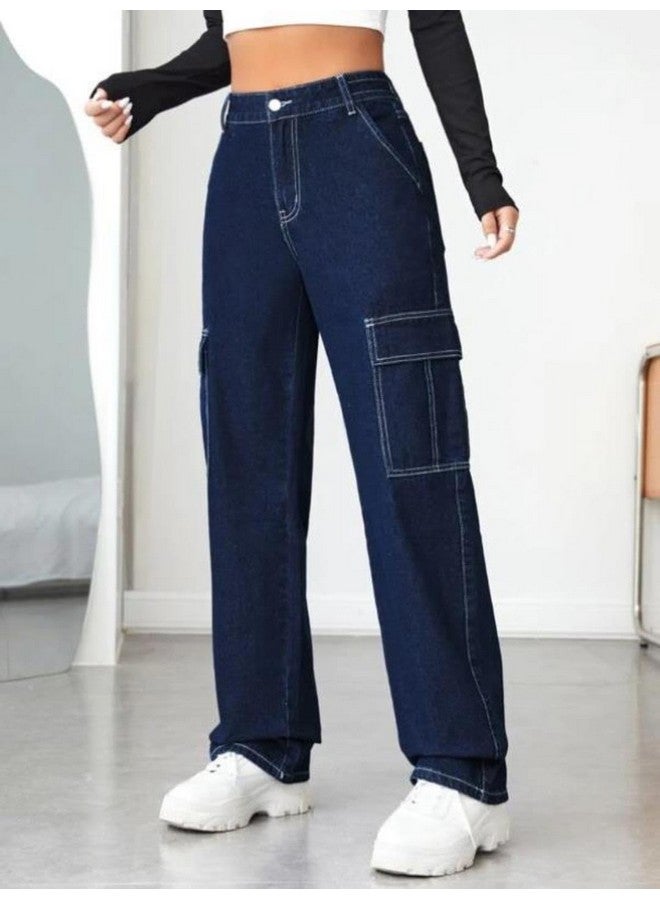 KOTTY Women's Solid High Waist Relaxed Fit Cotton Lycra Blend Cargo Jeans Denim Blue - Image 3
