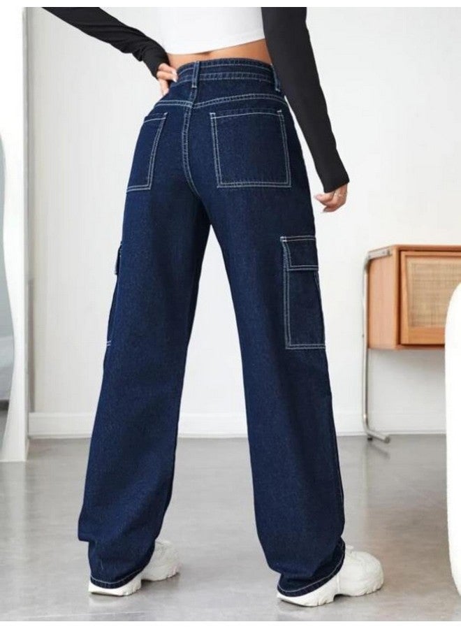KOTTY Women's Solid High Waist Relaxed Fit Cotton Lycra Blend Cargo Jeans Denim Blue - Image 4
