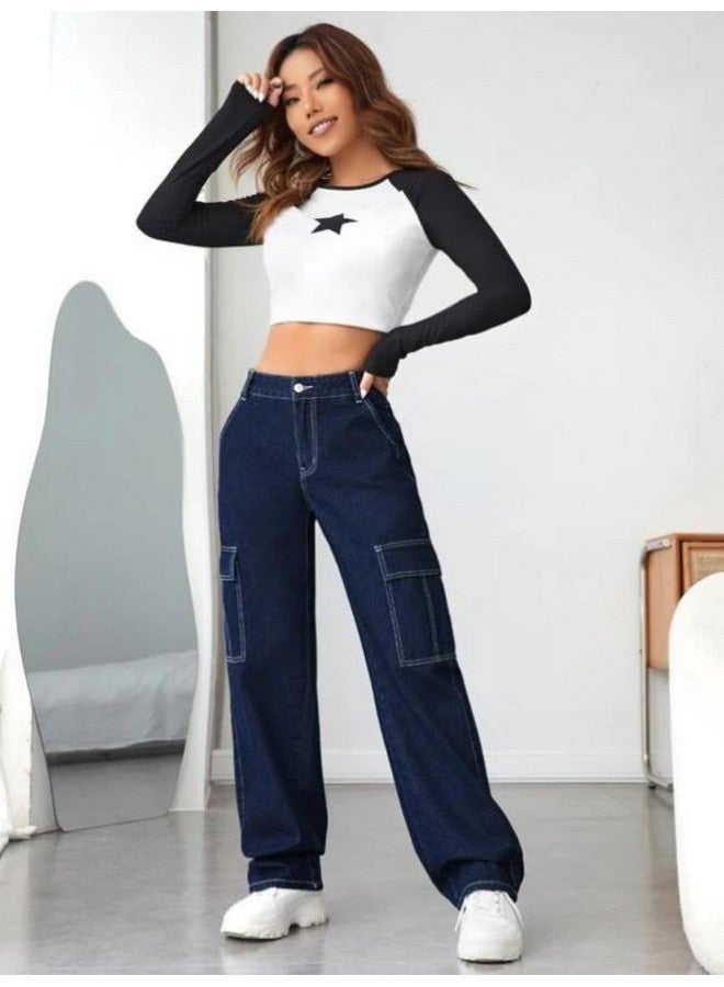 KOTTY Women's Solid High Waist Relaxed Fit Cotton Lycra Blend Cargo Jeans Denim Blue - Image 5