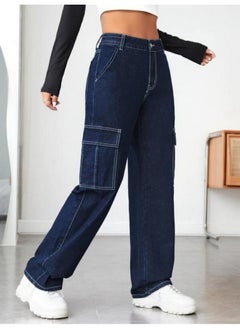 Kotty KOTTY Women's Solid High Waist Relaxed Fit Cotton Lycra Blend Cargo Jeans Denim Blue  - Image 2