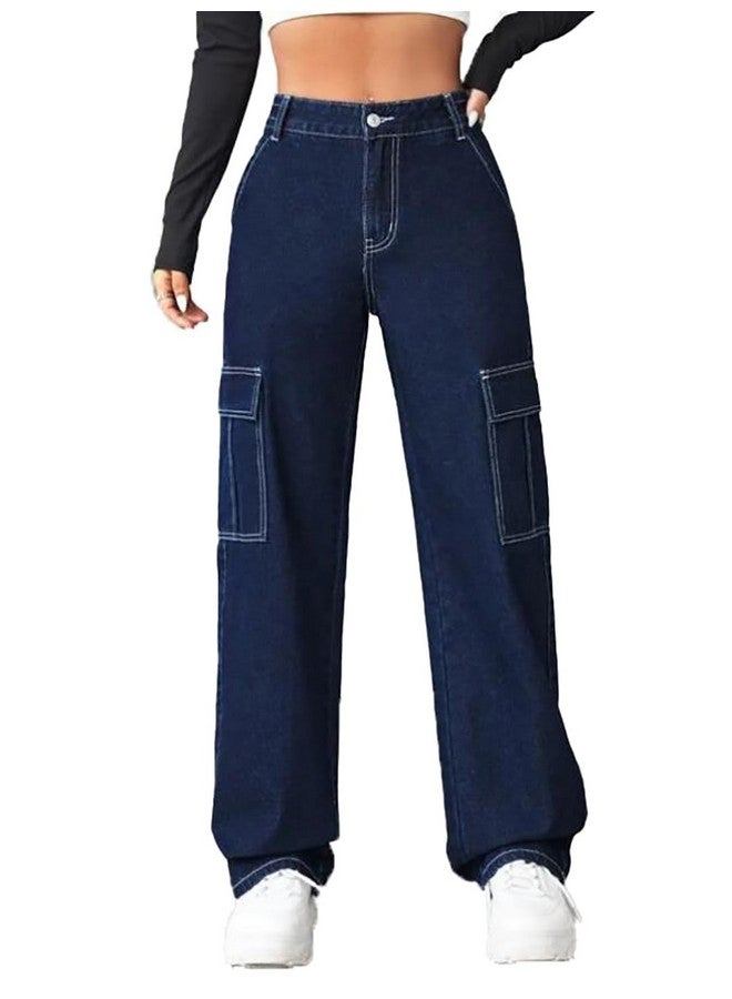 KOTTY Women's Solid High Waist Relaxed Fit Cotton Lycra Blend Cargo Jeans Denim Blue - Image 1