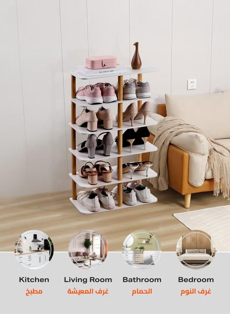 Beauenty Wooden Shoe Rack -6 Layers White- Durable Space-Saving Tiered Shoe Organizer Display Stand with Sleek Design -for Entryway, Closet, and Living Room Storage -Home Organization Footwear Solution - Image 2