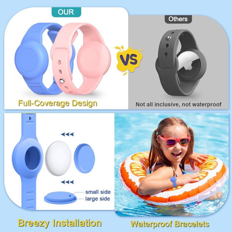 TOLUOHU [4 Pack] for Air Tag Bracelet & Airtag Necklace, Silicone Wristband Air tag Holder Kids Hidden Waterproof AirTag Accessories Compatible with Apple AirTag Lightweight, Adjustable (Blue + Pink) - Image 4