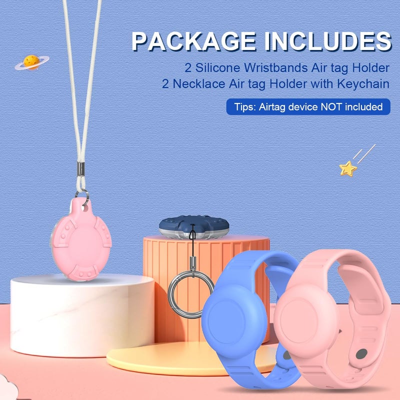 TOLUOHU [4 Pack] for Air Tag Bracelet & Airtag Necklace, Silicone Wristband Air tag Holder Kids Hidden Waterproof AirTag Accessories Compatible with Apple AirTag Lightweight, Adjustable (Blue + Pink) - Image 2