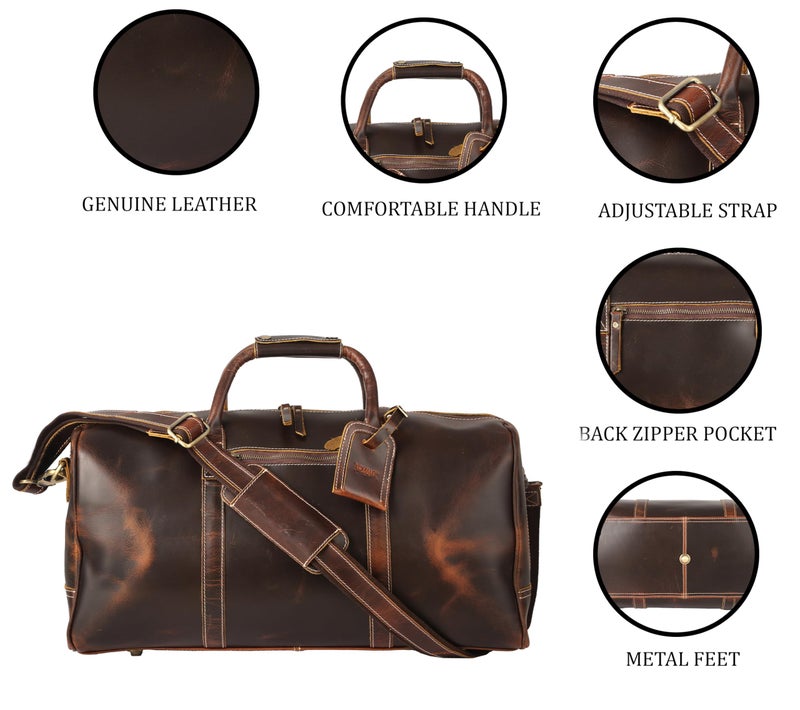 KomalC Leather Duffle Bags for Men and Women Travel Overnight Weekend sports bag holdall Gym Duffel for Men (Dark Tan, 20 Inch) - Image 5
