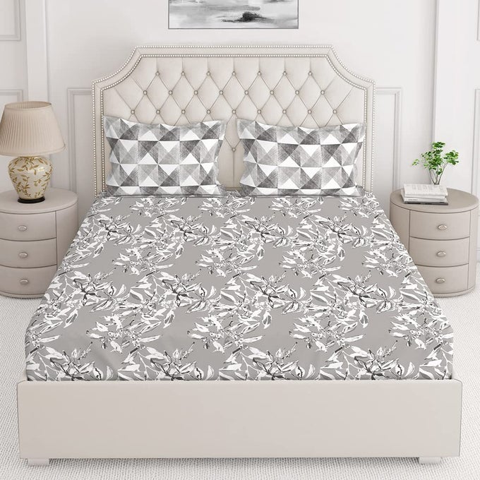 ILLUMINATING HOMES BEDSHEET KING SIZE BED COTTON INCLUDES 2 PILLOW COVER LIGHT WEIGHT BREATHABLE SKIN FRIENDLY MOISTURE ABSORBENT ALL SEASON COMFORT BOTANICAL GREY
