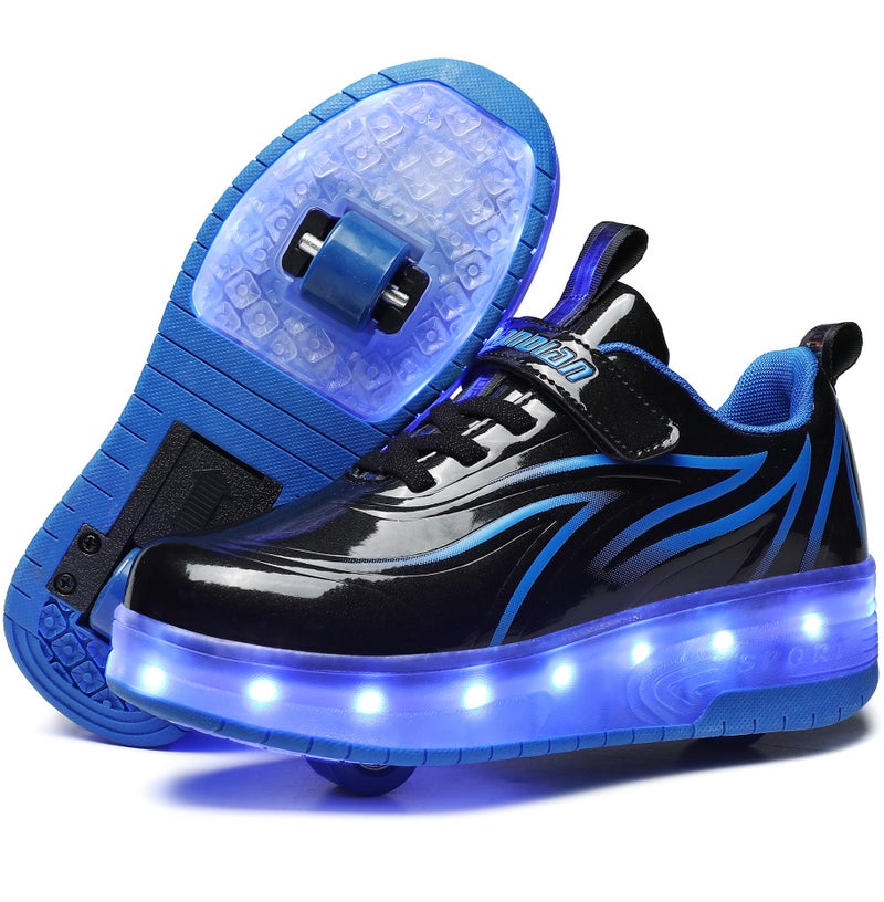 HHSTS Boys' Sneakers with Wheels LED Light Color Shoes Shiny Roller Skates Skate Shoes Simple Kids Gifts Boys Girls The Best Gift for Party Birthday Christmas Day(3.5 Big Kid,Black Blue) - Image 2
