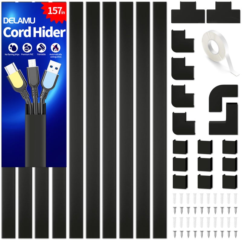 Delamu Cable Hider, 157in Delamu Cord Hider Wall for Wall Mounted TV, Wire Hider Kit, Paintable Cable Concealer Raceway Management for Home & Office, 10XL15.7 W0.95 H0.55in, Black - Image 1