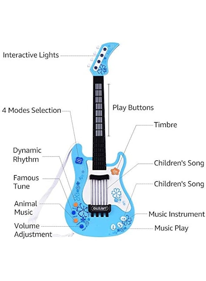 دوركو جيتار صغير للأطفال مع أضواء إيقاع وأصوات ممتعة - أدوات موسيقية تعليمية ومسلية - جيتار كهربائي للأولاد والبنات - اللون الأزرق - Image 4
