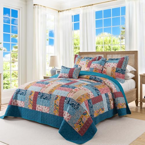 BEDIFANY Cotton Queen Quilt Set - Modern Farmhouse Bedspread with Vibrant Floral Pattern, 3-Piece Lightweight Coverlet (90x98 Inch) + 2 Pillow Shams, All Seasons Multicolor Quilt Bedding Set - Image 2