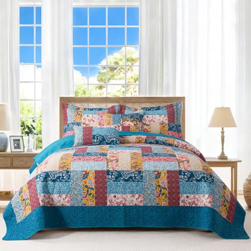 BEDIFANY Cotton Queen Quilt Set - Modern Farmhouse Bedspread with Vibrant Floral Pattern, 3-Piece Lightweight Coverlet (90x98 Inch) + 2 Pillow Shams, All Seasons Multicolor Quilt Bedding Set - Image 1