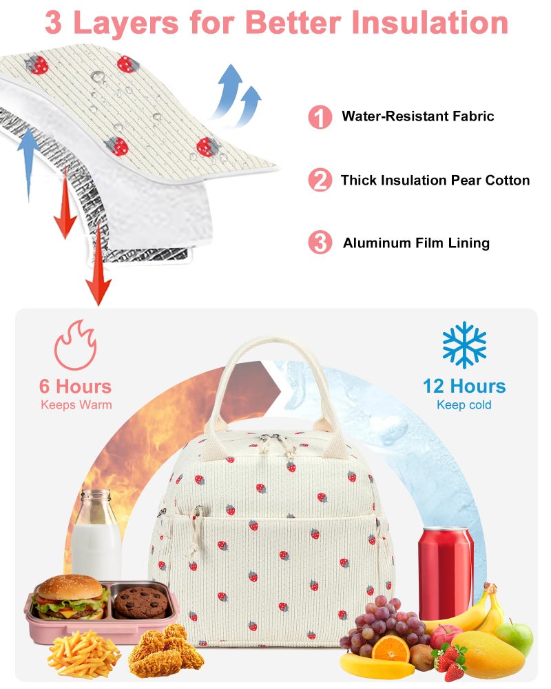 Bluboon Lunch Bag for Women Cute Corduroy Lunch Tote Bags with Shoulder Strap Reusable Insulated Lunch Box Large Capacity Reusable Insulated Cooler for Work Picnic or Travel (13L) - Image 3