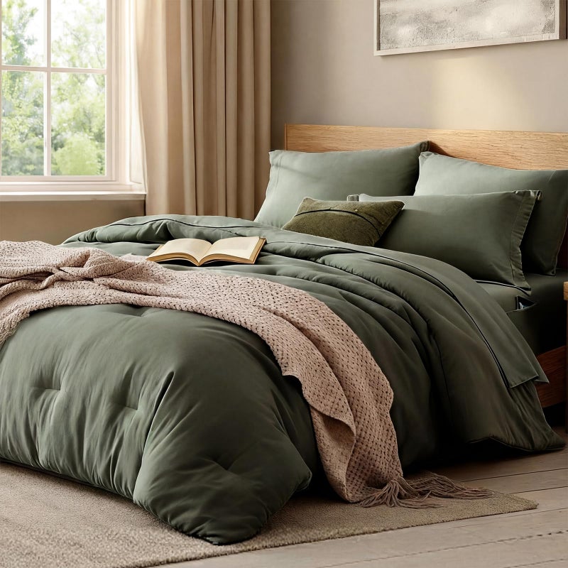 WRENSONGE King Size Comforter Set- 7 Pieces Soft Olive Green Bed in a Bag King with Fitted Sheet, Flat Sheet, 2 Pillow Shams, and 2 Pillowcases-Warm King Bedding Set for All Season - Image 1