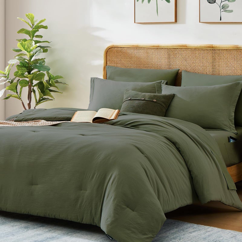 WRENSONGE King Size Comforter Set- 7 Pieces Soft Olive Green Bed in a Bag King with Fitted Sheet, Flat Sheet, 2 Pillow Shams, and 2 Pillowcases-Warm King Bedding Set for All Season - Image 2