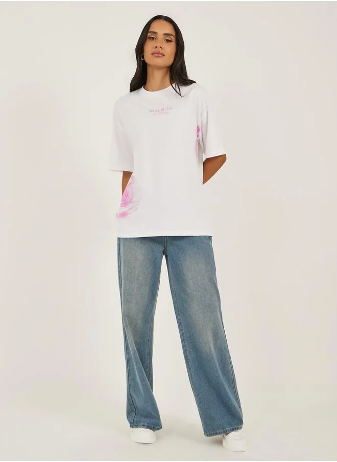 Styli Slogan Print Round Neck Oversized T-Shirt