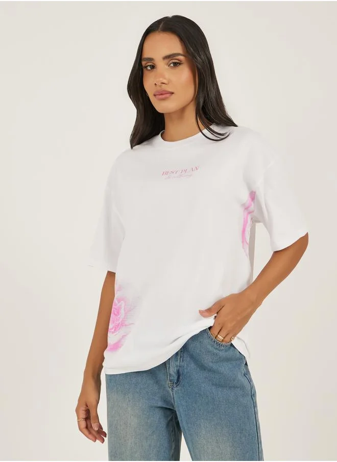 Styli Slogan Print Round Neck Oversized T-Shirt