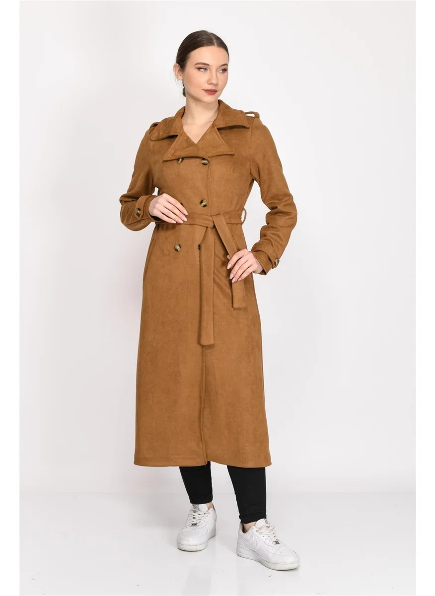 نوسيل Double Breasted Faux Suede Trench Coat Light Tan
