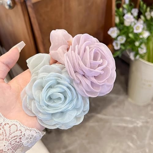 Zytiqt 2 PCS Hair Rubber Band for Women, Hair Accessories for Woman, Camellia Choker Rose Choker Lace Flower ， Rubber Band Hair Ties for Womens, Hair Bands for Womenes, Blue and Purple Mesh Hair Ties - Image 5