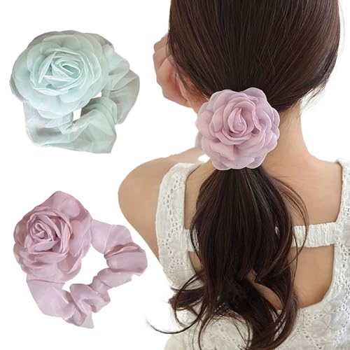 Zytiqt 2 PCS Hair Rubber Band for Women, Hair Accessories for Woman, Camellia Choker Rose Choker Lace Flower ， Rubber Band Hair Ties for Womens, Hair Bands for Womenes, Blue and Purple Mesh Hair Ties - Image 1