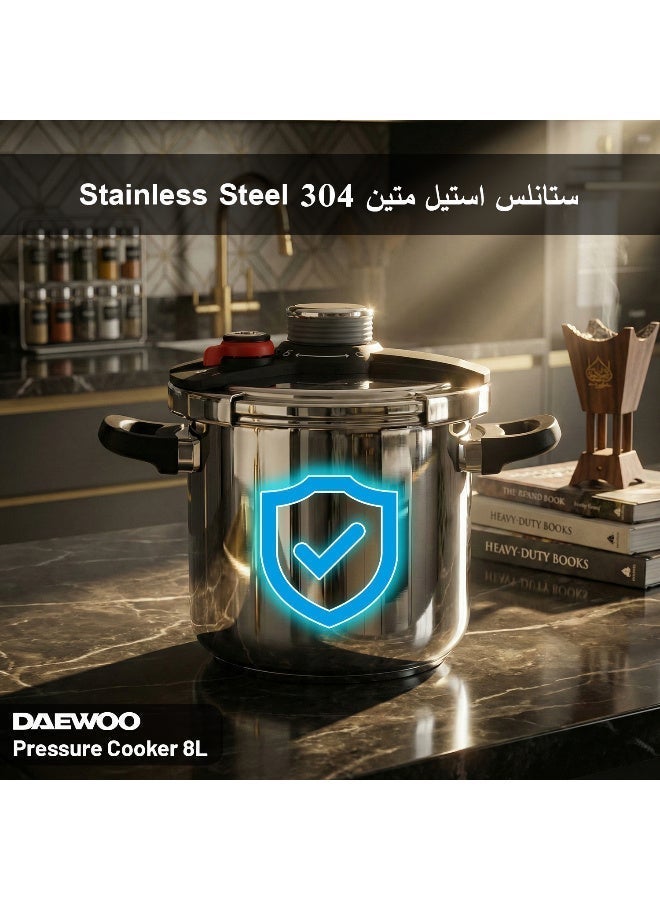 دايو 8لترات طنجرة ضغط دايو 8 لتر 3 في 1 - مصنوعة من الفولاذ المقاوم للصدأ SS304 | 3 إعدادات ضغط، قفل بيد واحدة، متوافقة مع المواقد الحثية | غطاء زجاجي ورف بخار مرفقان | ضمان لمدة سنتين None - Image 4