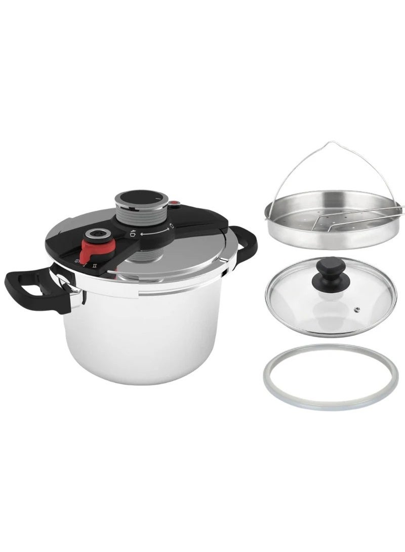 دايو 8لترات طنجرة ضغط دايو 8 لتر 3 في 1 - مصنوعة من الفولاذ المقاوم للصدأ SS304 | 3 إعدادات ضغط، قفل بيد واحدة، متوافقة مع المواقد الحثية | غطاء زجاجي ورف بخار مرفقان | ضمان لمدة سنتين None - Image 2