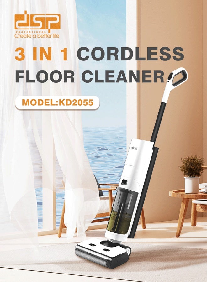 DSP All in One Wet and Dry Cordless Vacuum Cleaner and Mop,178W/11kpa,Floor Cleaner with LED Display, Self cleaning with Streak-free Drying, Ideal for Hard Floors, All corners, sticky messes and pet Hairs, Portable and Lightweight Design,KD2055,White - Image 2
