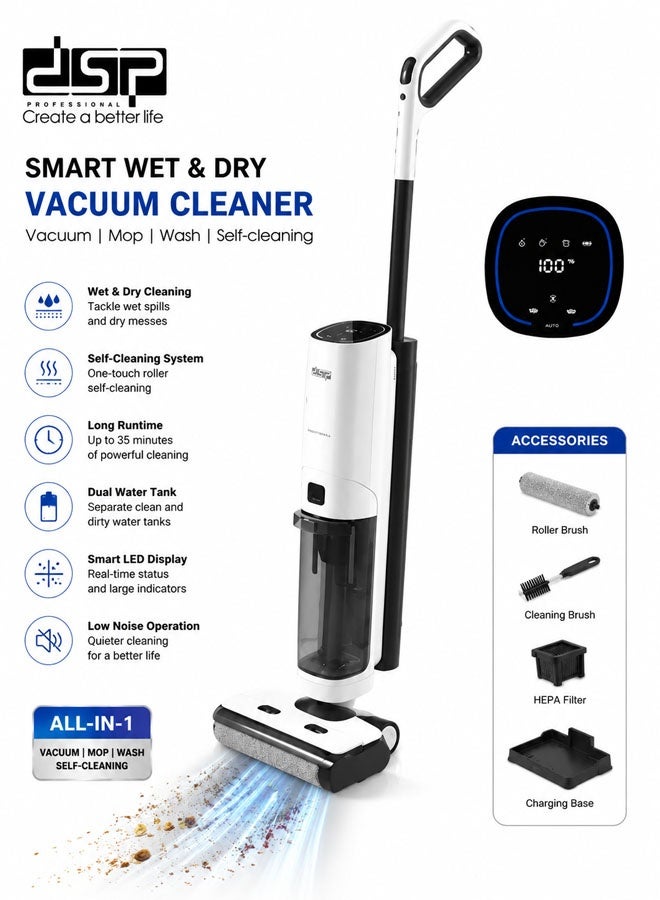 DSP All in One Wet and Dry Cordless Vacuum Cleaner and Mop,178W/11kpa,Floor Cleaner with LED Display, Self cleaning with Streak-free Drying, Ideal for Hard Floors, All corners, sticky messes and pet Hairs, Portable and Lightweight Design,KD2055,White - Image 1