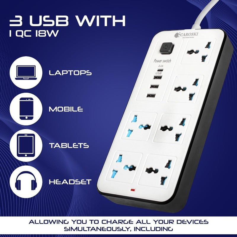 CAROSKI Extension Lead, 3M Universal Electric Extension Cord with 3 Pin Socket, Extension Cord with 6 Gang |3 USB Ports |1 Type-C Port,1 Year Warranty, 3 Meters Extension Power Cables for Home - Image 4