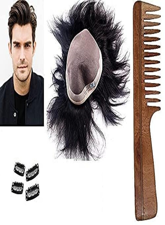 Glan Human Hair USA Base Hair System Patch, Wig For Men Full Head Hair Toupee (Dark Brown) With Free Neem Wood Comb,4 Hair Patch Clip And 2Pcs Color Refresher (10x8) - Image 1