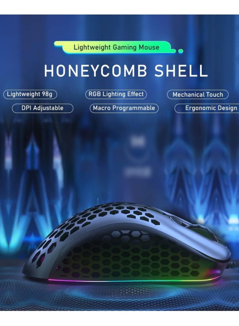 M36 RGB Gaming Mouse Honeycombe Sell USB Wired - RGB Backlit - 7 Button - 6400DPI - Lightweight | Black  - Image 4