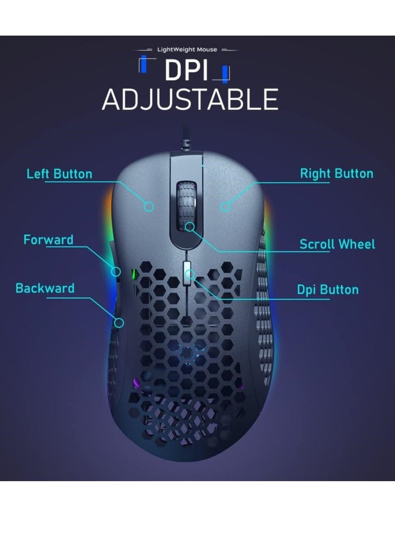 M36 RGB Gaming Mouse Honeycombe Sell USB Wired - RGB Backlit - 7 Button - 6400DPI - Lightweight | Black  - Image 5