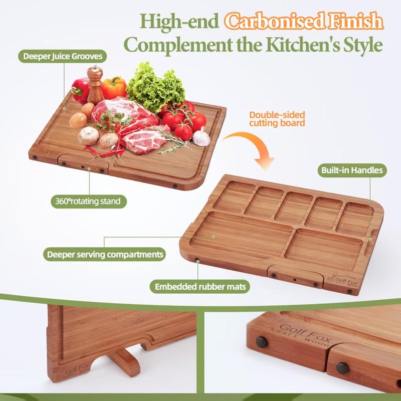 GolfFox 3-PCS Bamboo Cutting Board Set, Wood Cutting Board for Kitchen with Innovative Stand, Juice Groove & Handle, Double Sided for Chopping & Charcuterie Board, Kitchen Gift for Home Cooks, For Meat &Fruit - Image 4