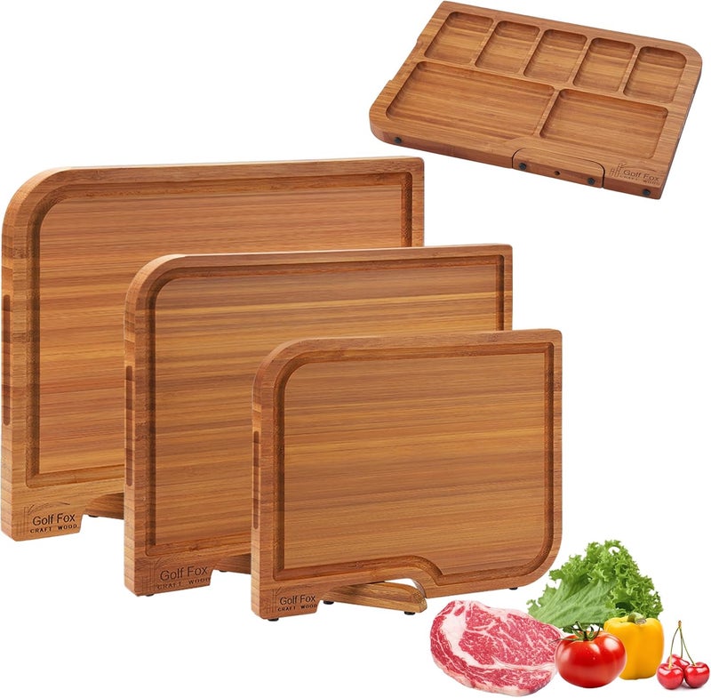 GolfFox 3-PCS Bamboo Cutting Board Set, Wood Cutting Board for Kitchen with Innovative Stand, Juice Groove & Handle, Double Sided for Chopping & Charcuterie Board, Kitchen Gift for Home Cooks, For Meat &Fruit - Image 1