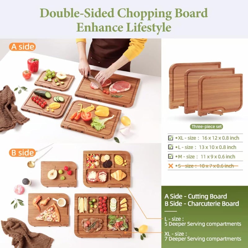 GolfFox 3-PCS Bamboo Cutting Board Set, Wood Cutting Board for Kitchen with Innovative Stand, Juice Groove & Handle, Double Sided for Chopping & Charcuterie Board, Kitchen Gift for Home Cooks, For Meat &Fruit - Image 2