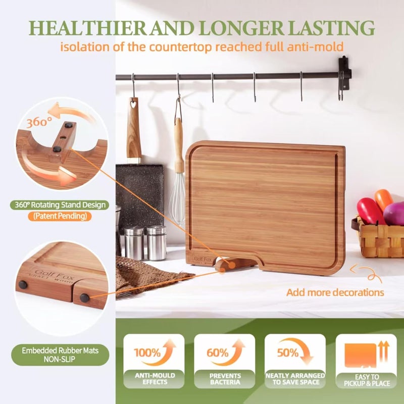 GolfFox 3-PCS Bamboo Cutting Board Set, Wood Cutting Board for Kitchen with Innovative Stand, Juice Groove & Handle, Double Sided for Chopping & Charcuterie Board, Kitchen Gift for Home Cooks, For Meat &Fruit - Image 3