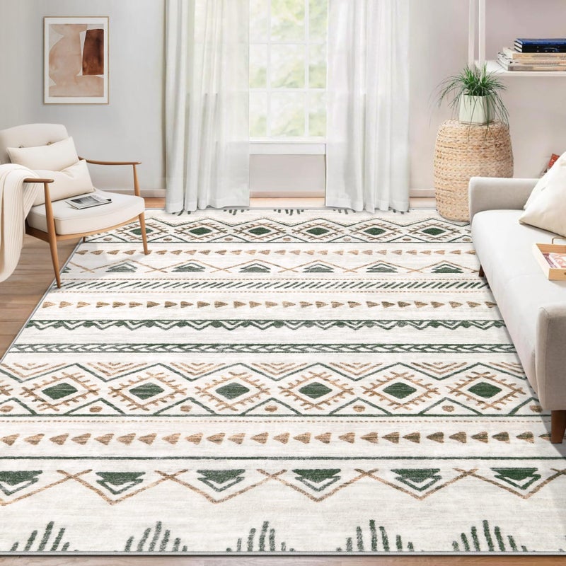 Aoyaomi Area Rug for Living Room 6x9: Large Washable Boho Moroccan Rugs Geometric Neutral Rug, Non-Slip Foldable Morden Farmhouse Indoor Floor Carpet for Bedroom Dining Table Home(Brown Green,6'x9') - Image 1