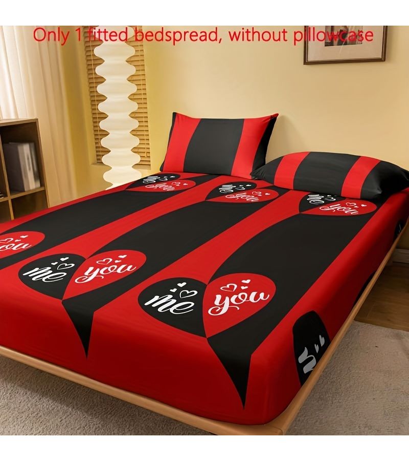 1PC Twin Size Heart Shaped Love You And Me Pattern Minimalist Modern Brushed Bed Sheet Fitted Sheet Mattress Cover Protector for Bedroom Bedding - Image 2