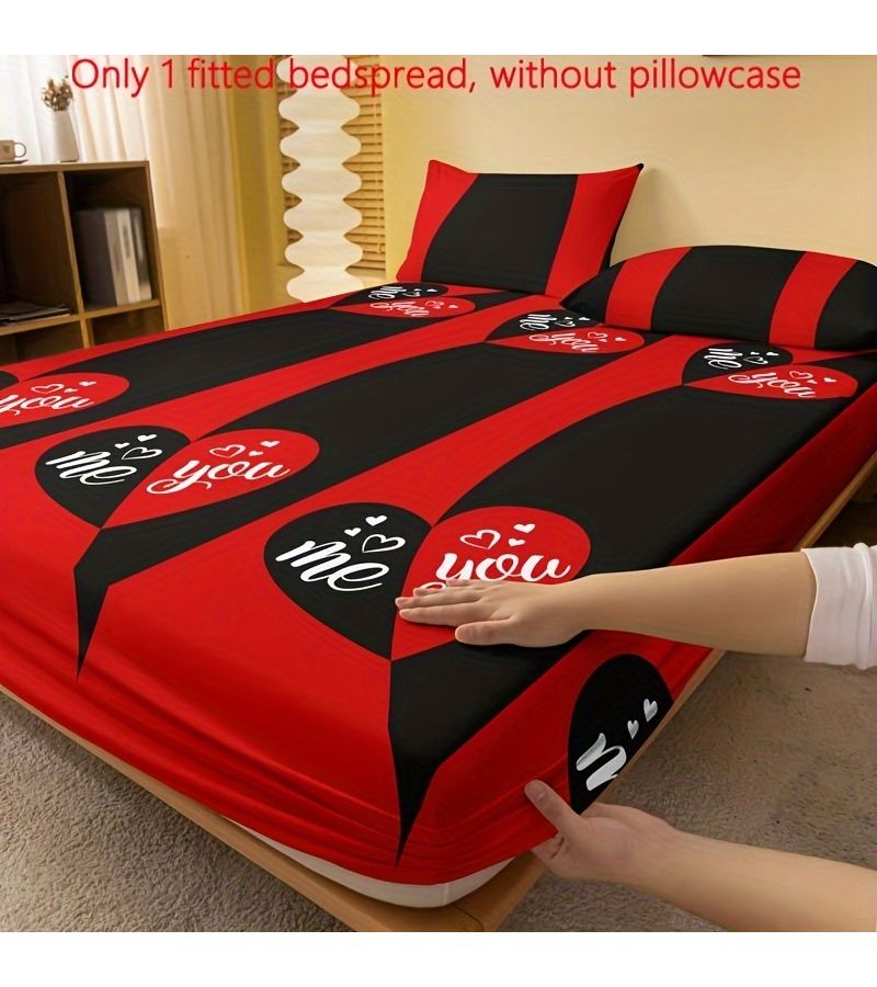 1PC Twin Size Heart Shaped Love You And Me Pattern Minimalist Modern Brushed Bed Sheet Fitted Sheet Mattress Cover Protector for Bedroom Bedding - Image 1