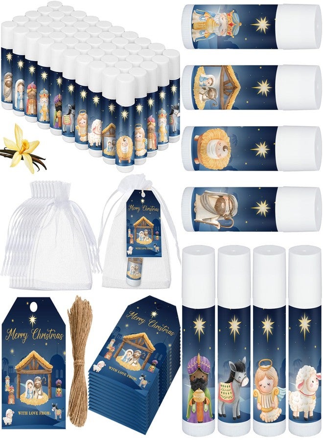 Dunzy 50 Sets Nativity Lip Balm Bulk Christian Religious Moisturizing Lip Balms Holiday Treat Gifts Favors with 50 Organza Bags 50 Tags for Women Party Supplies - Image 1