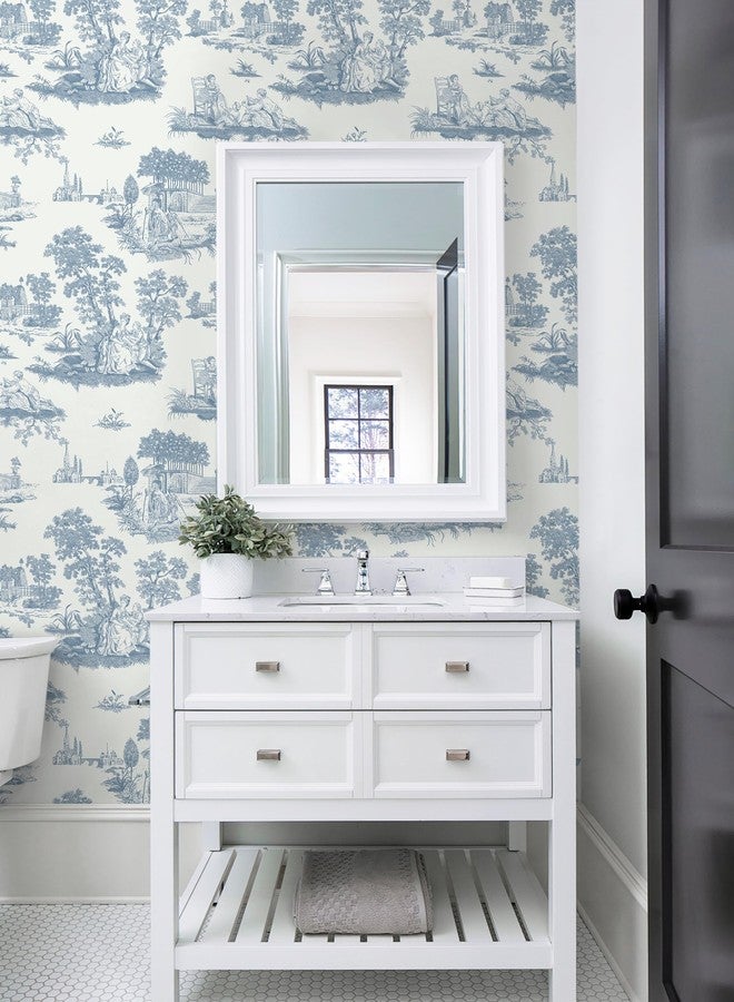 HeloHo Peel and Stick Wallpaper Blue and White Toile Contact Paper Vintage French Wall Paper Removable Self Adhesive Stick on Wallpaper for Bedroom Bathroom 17.3" X 78.7" - Image 5