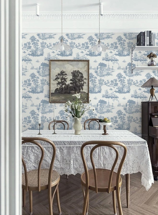 HeloHo Peel and Stick Wallpaper Blue and White Toile Contact Paper Vintage French Wall Paper Removable Self Adhesive Stick on Wallpaper for Bedroom Bathroom 17.3" X 78.7" - Image 3