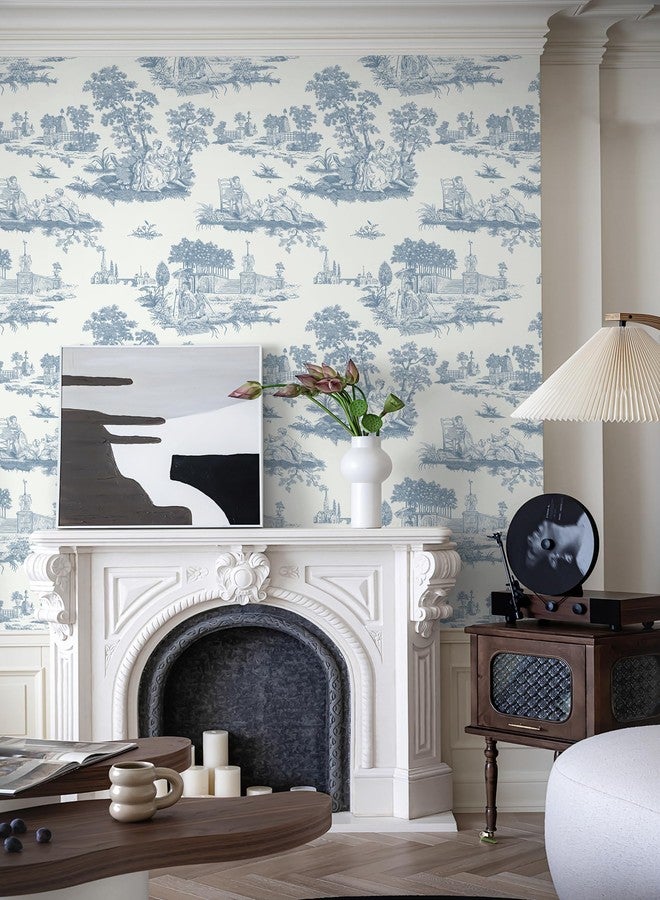 HeloHo Peel and Stick Wallpaper Blue and White Toile Contact Paper Vintage French Wall Paper Removable Self Adhesive Stick on Wallpaper for Bedroom Bathroom 17.3" X 78.7" - Image 2