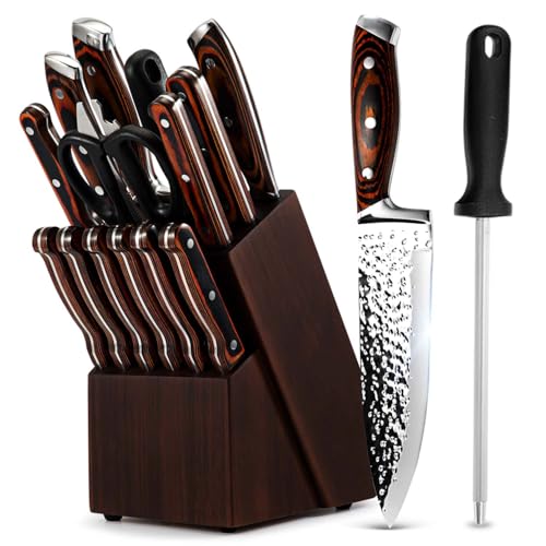 KroWallu Kitchen Knife Sets with Block, 15-Piece High Carbon Stainless Steel Knife Block Set with Sharpener, Ultra-Sharp kitchen knives with Triple Rivet Wood Handle Perfect for Cooking Cut - Image 1